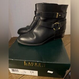 Ralph Lauren Black Ankle Boots with Gold Buckle